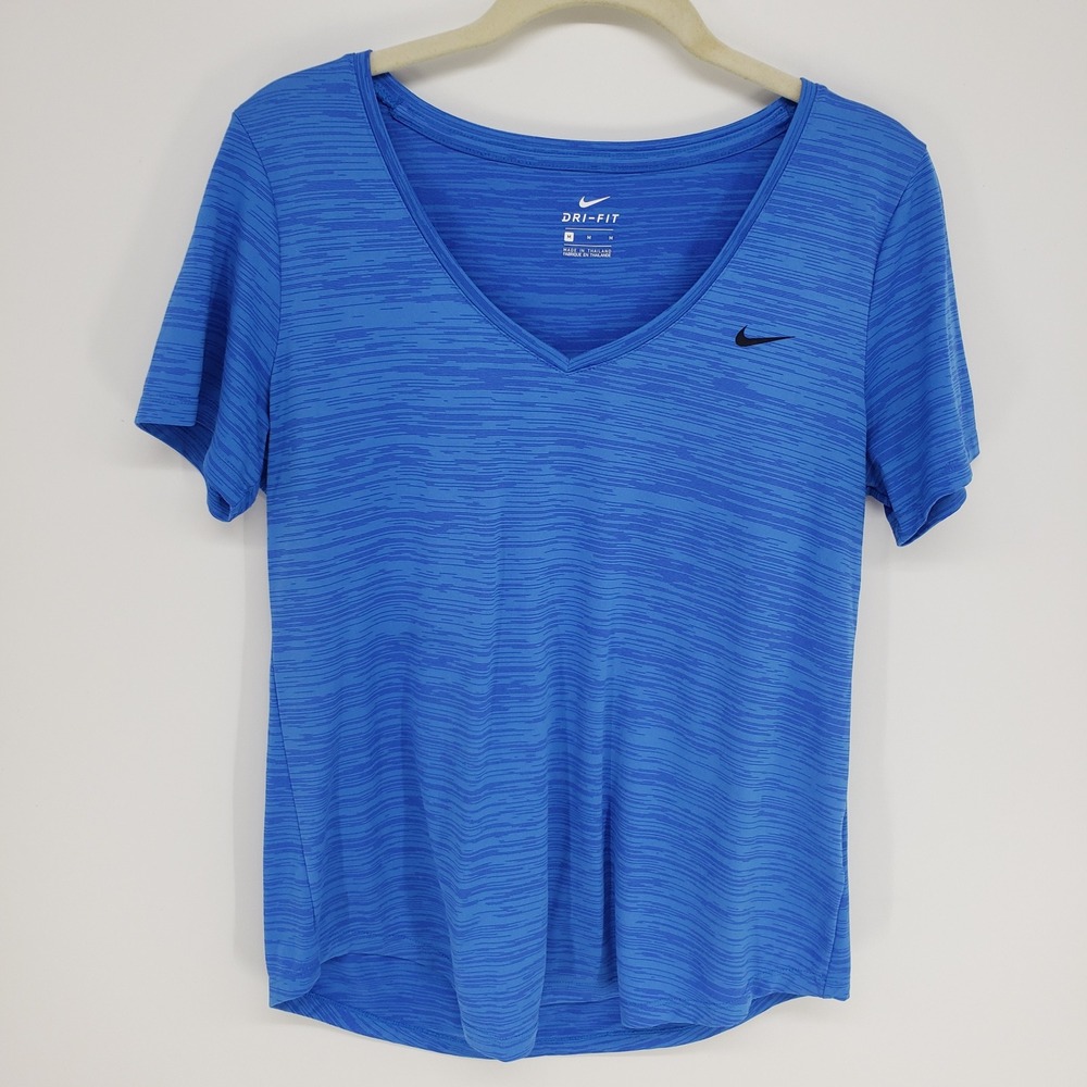 Nike Space Dye Dri-FIT Top T Shirt Womens Medium Blue V-Neck Short Sleeve Active